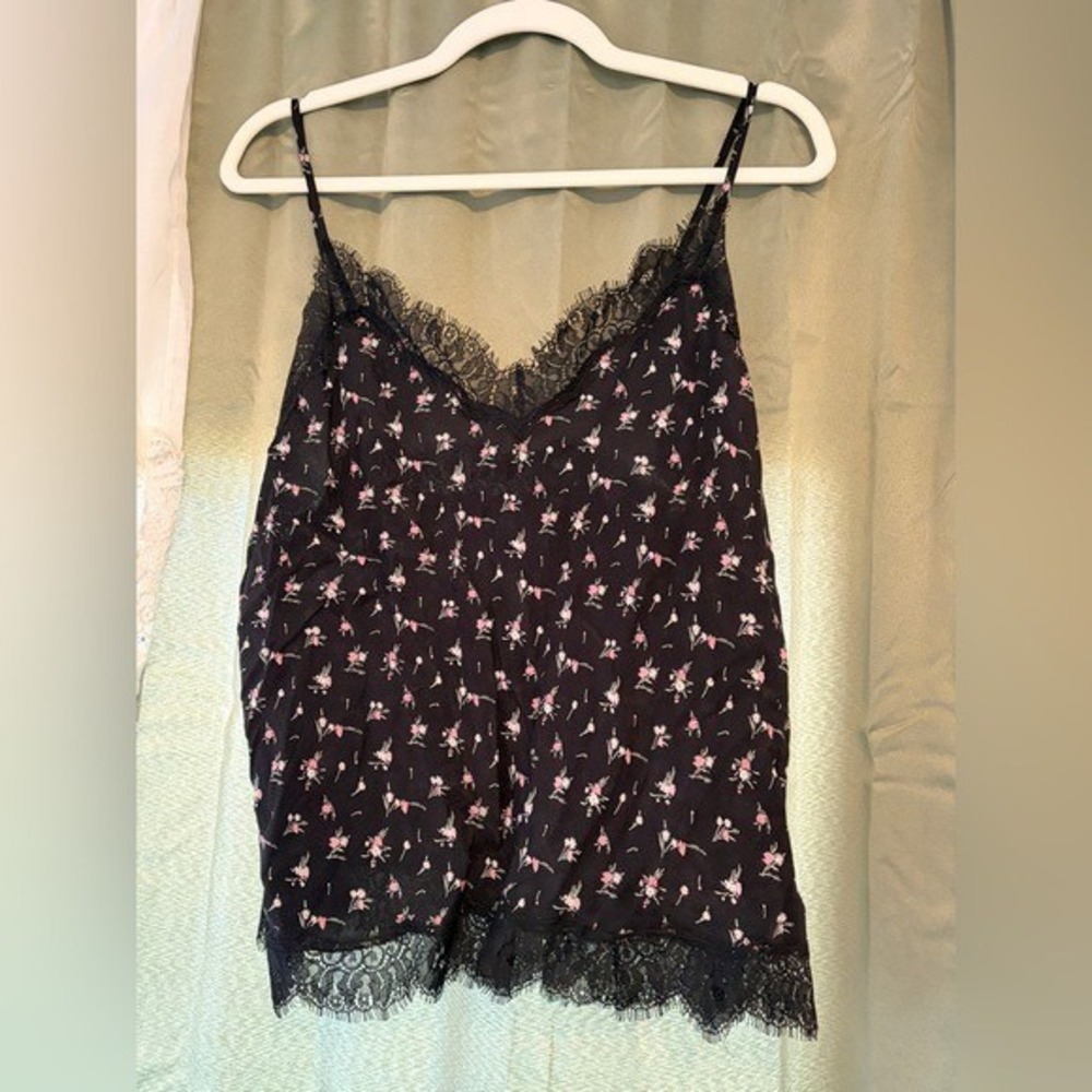 Victoria's Secret Camisole Women L Black Ditzy Floral Lace Trim Tank Whimsigoth